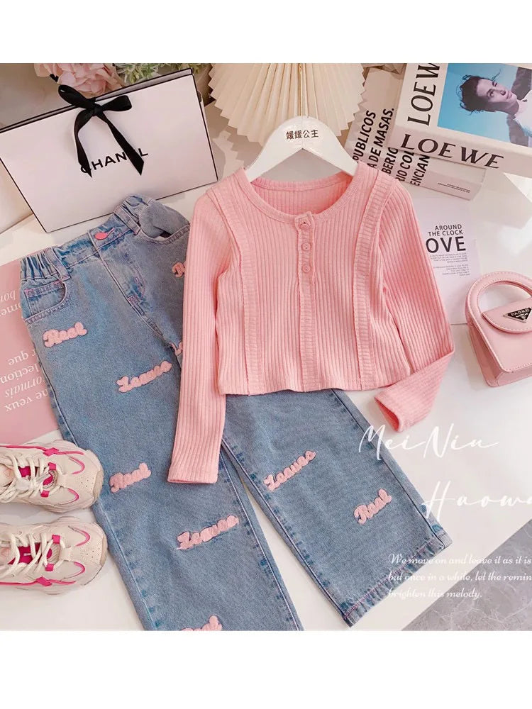 4-12 Years Teenger Girls Clothing Set Autumn Fashion Short Shirt + Letter Jeans 2Pcs Suit For Girl  Children Birthday Present
