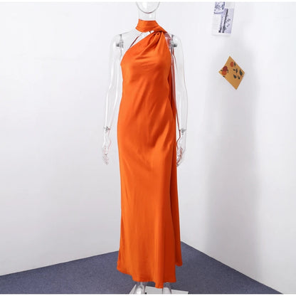 Ribbon Satin Long Party Dress Women Elegant Solid Sleeveless Female Backless Dresses 2026 Summer Autumn Lady Evening Club Gowns