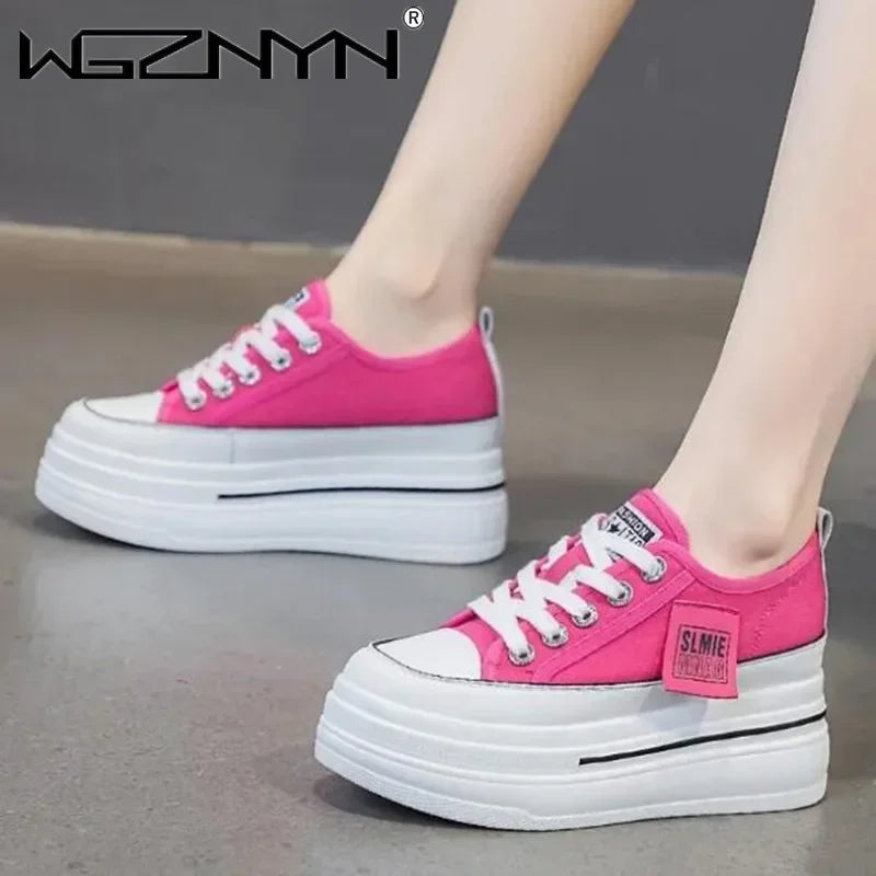 Vulcanized Platform Sneakers Wedge Shoes Non-slip Casual Shoes Women 2025 Autumn Lace-up Comfort Denim Canvas Shoes Thick Sole