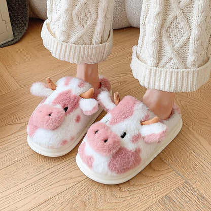 Casual Fluffy Slippers Women House Cute Cartoon Cow Designer Shoes Girl Flat Fashion Elegant Plush Winter Platform Footwear Home
