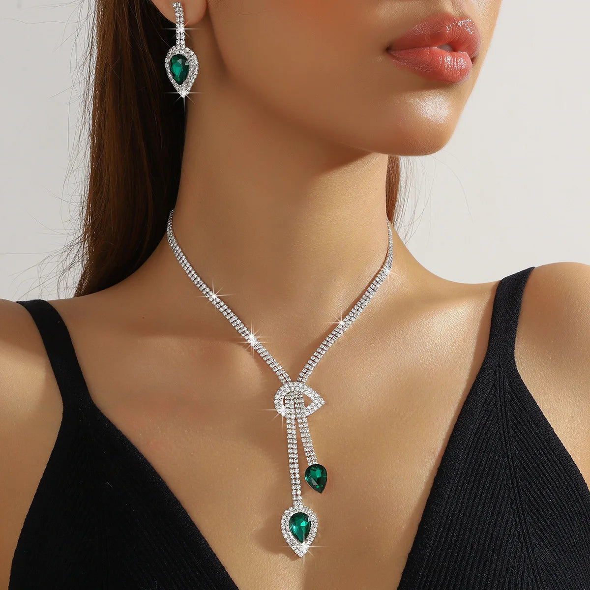 FYUAN Women's Crystal Jewelry Set Sapphire Blue Silver Color Water Drop Necklace Earrings Wedding Party Festival Wear