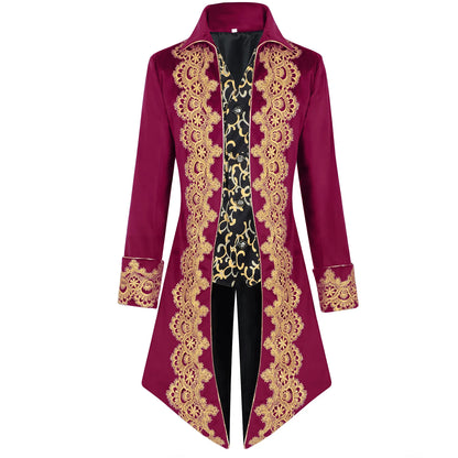 2025 New Blue Lace Tuxedo for Men, Euro- American Medieval Vintage Men's Tailcoat Jacket,medium Length Punk Performance Costume