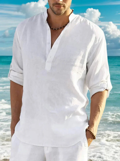 Men'sshirt Classic Casual Stand-up Collar Long-sleeved V-neck Shirt Sleeve Split-sleeved Light Breathable Beach Vacation T-shirt