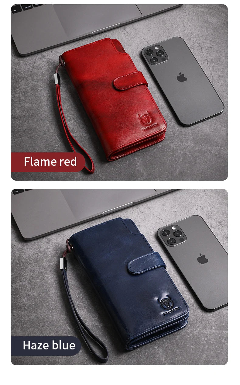 BULLCAPTAIN Men Long Wallet Clutch Bag Credit Card Holder Purses Carteras Billetera Hombre Leather Money Portfe Carte