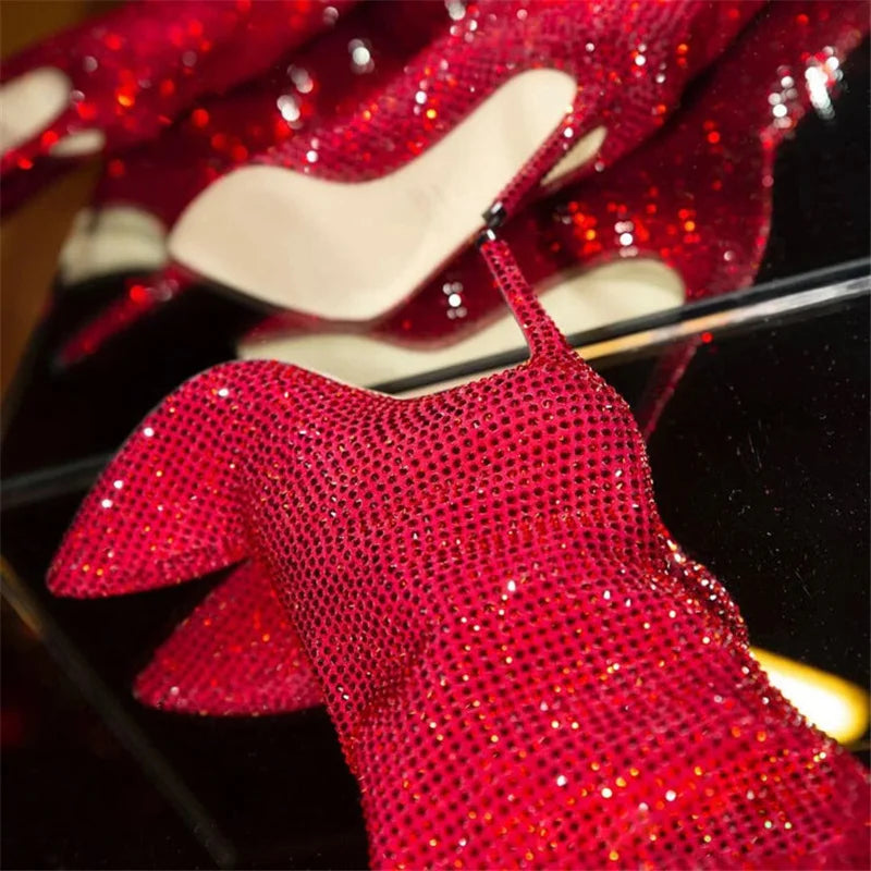 Women Rhinestone Knee High Boots Sexy Lady Pinted Toe Thin Heel Long Boots Woman's Slip-On High Heels Botas Mujer Invierno 2025