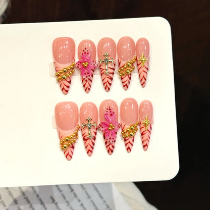 10Pcs Handmade Nails Set Press on Long Almond False Nail with Rhinestone Pink Camellia Design Reusable Full Cover Fake Nail Tips