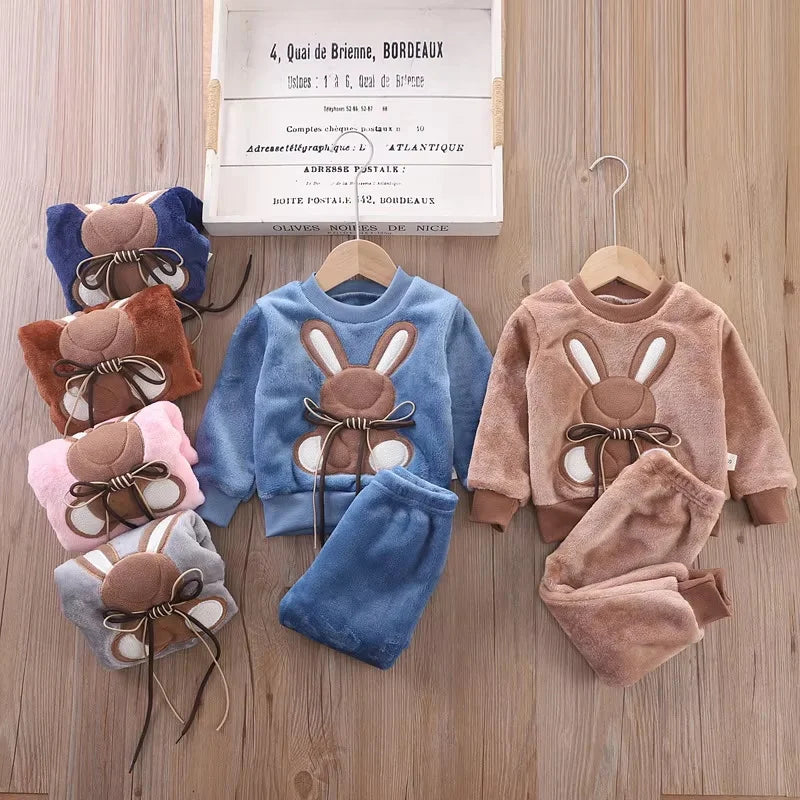 Baby Girl Clothes Autumn Winter Velvet 2Pcs Sets For Children Keep Warm Loungewear Toddler Cartoon Rabbit Sleepwear Boy Suit