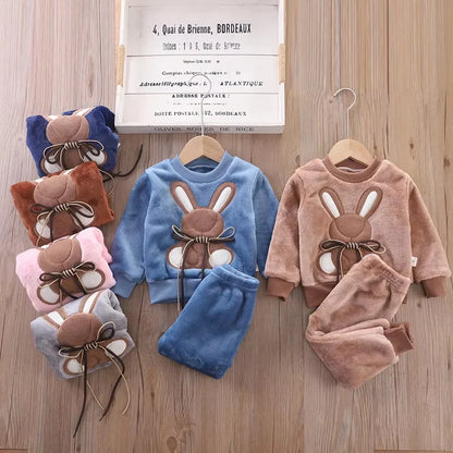 Baby Girl Clothes Autumn Winter Velvet 2Pcs Sets For Children Keep Warm Loungewear Toddler Cartoon Rabbit Sleepwear Boy Suit