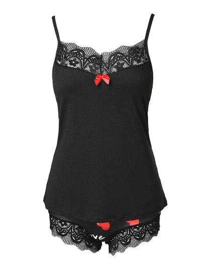 Women's summer new Valentine's Day two-piece set with heart print comparison lace sleeveless vest and shorts pajama set