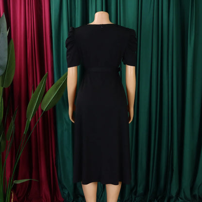 Elegant Party Dresses for Women V Neck Short Sleeve Belt Waisted Pleated Mid Calf Luxury Birthday Dinner Vestidos Mujer Dress OL
