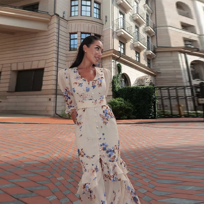 Sexy Print Women Long Dress Urban V-neck Single Breasted Ruffles Half Sleeve Female Dresses 2026 Spring Autumn Lady Robe