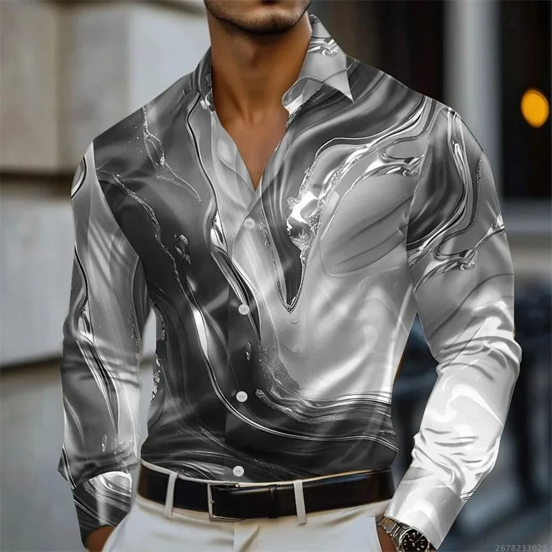Men's shirt abstract liquid art 3D print shirt, spring and autumn lapel long-sleeved shirt, fashionable casual men's top