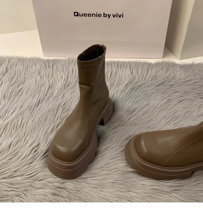 2024New Women's Boots Fashion Leather Casual Boots Luxury Brand Chelsea Ankle Boots for Women Outdoor Platform Boot Botas Mujer