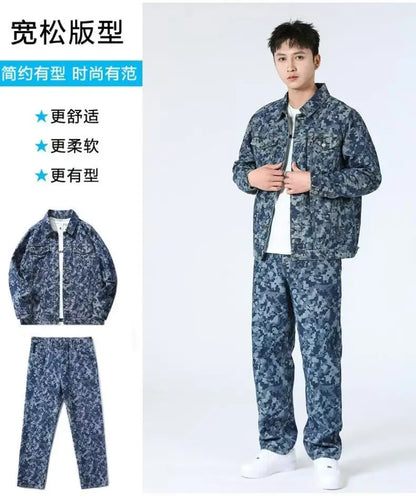 High Street Denim Sets Men's Jacquard Ragged Loose Casual Retro Washed Denim Shirt Style Jacket Jeans Pants
