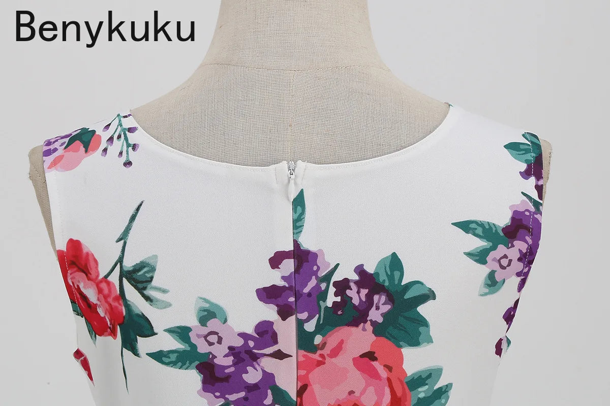 Floral Print 1950s 60s Vintage Women Dress Elegant Summer Robe Ladies Sleeveless V Neck A Line Swing Rockabilly Dresses 2025