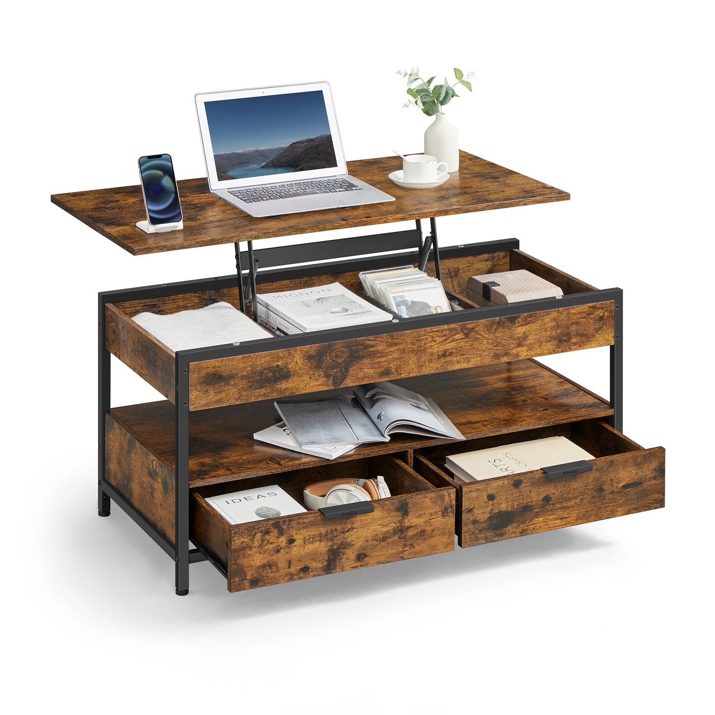 VASAGLE coffee table, height adjustable living room table, coffee table, with drawers, open compartment, 50x100 x (48-63)cm