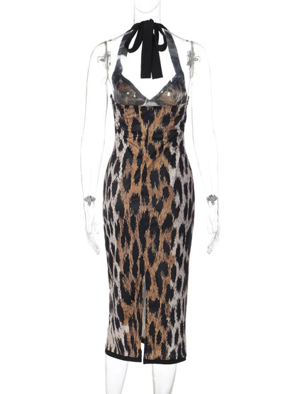 FDYOUI Fashion Halter Bodycon Leopard Dress Party Night Club Outfit Women Sexy Sleeveless Backless Midi Evening Prom Dresses