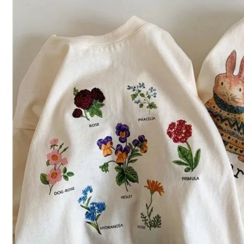 Summer Toddler Baby Girl Solid Cotton Clothes Short Sleeve Cartoon Rabbit Printed T-shirts Kids Leisure Ins Tops Tees