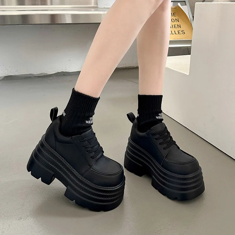 Women Platfrom Pumps Shoes Black Lace-up Leather Female British Style Spring Autumn New Heightening High Heels Mary Jane Loafers