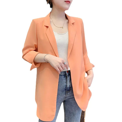 Women Blazer Jacket Cardigan Summer Suit Coat Three Quarter Sleeve Turn Down Collar Office Lady Open Stitch Outerwear 2025