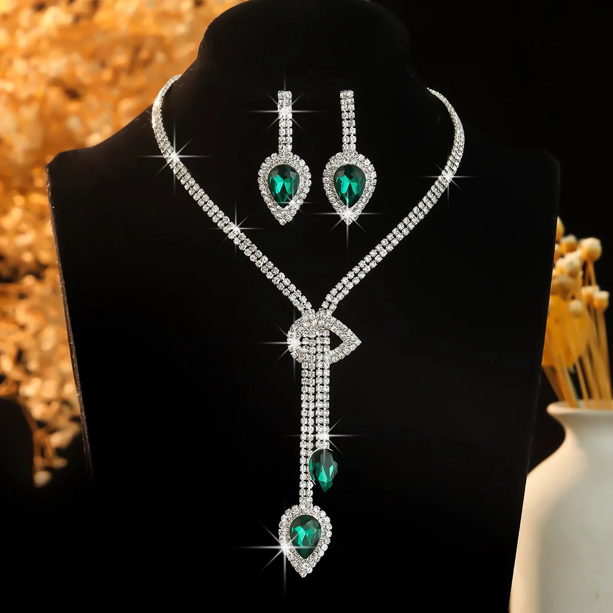 FYUAN Women's Crystal Jewelry Set Sapphire Blue Silver Color Water Drop Necklace Earrings Wedding Party Festival Wear