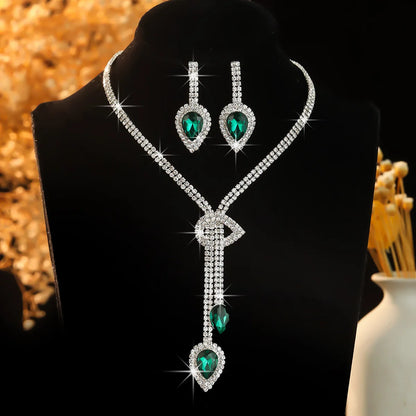 FYUAN Women's Crystal Jewelry Set Sapphire Blue Silver Color Water Drop Necklace Earrings Wedding Party Festival Wear
