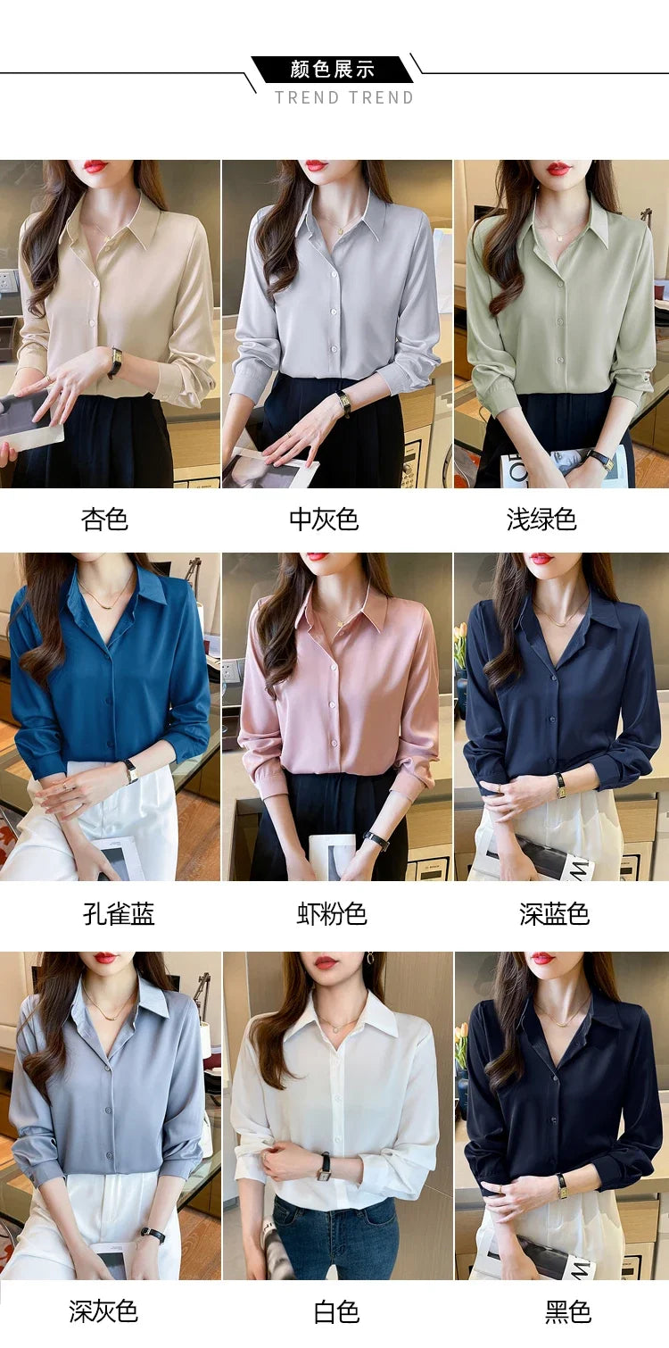 Fashion elegant satin shirts solid color ladies shirts causal Women's Blouses Spring Long Sleeve Shirts Tops Blusas Mujer