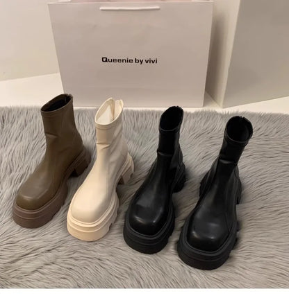 2024New Women's Boots Fashion Leather Casual Boots Luxury Brand Chelsea Ankle Boots for Women Outdoor Platform Boot Botas Mujer