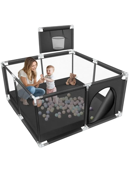 ANGDUO Baby Playpen 50 inch Baby Playard with Basketball Hoop and Breathable Mesh Baby Fence Game Center for Boy and Girls Black