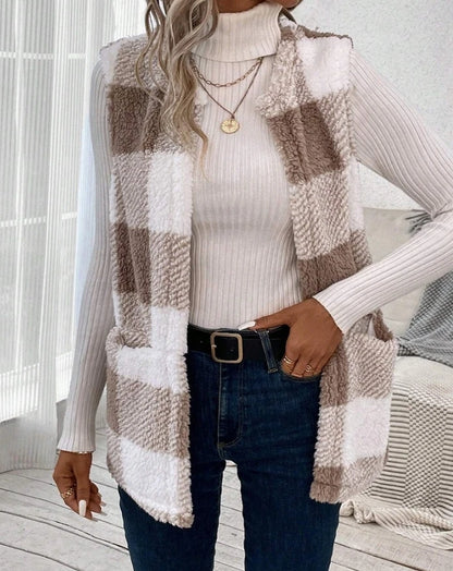 Autumn Women's Sleeveless Vest Cotton Coat Casual Women's Pocket Vest Fashionable Checkered Pattern Pocket Design Teddy Vest