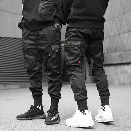 Men's multi pocket ribbed bandage work pants, jogging pants, sports pants, fashionable streetwear, trendy hip-hop loose pants