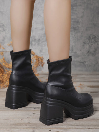 Women New Fashion Short Boots Women Sexy Leather Boot Square toe casual Zipper high heels Casual thick soled women shoes Zapatos