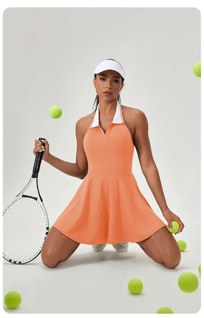Summer Dress Vest Deep V Hanging Neck Sexy Dress for Women Contrasting Color Lapel Golf Skirt Outdoor Sports Gym Running