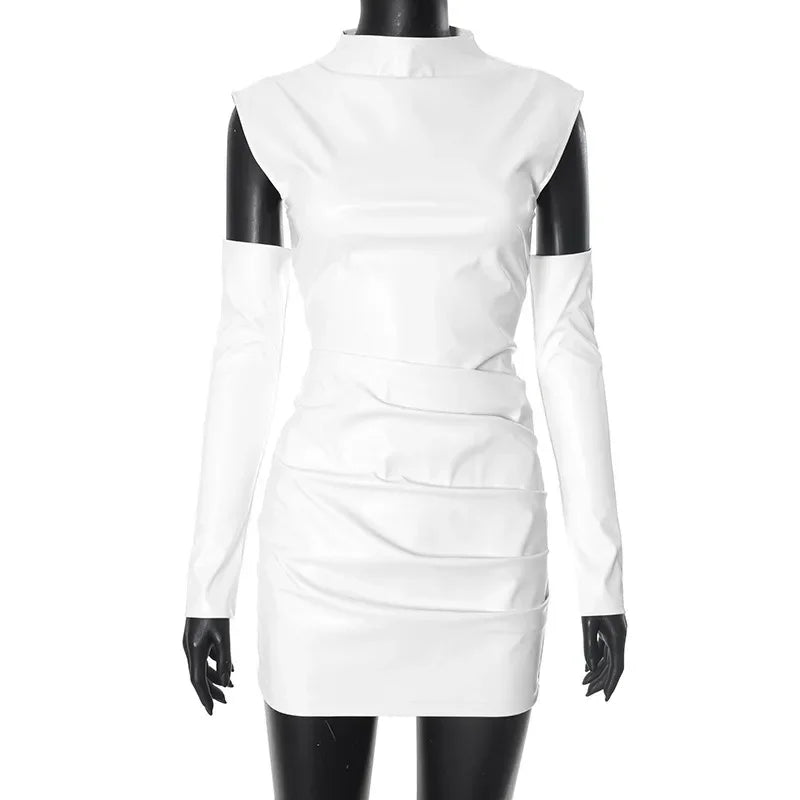 Talenza Women's Leather Vest Dress Sexy PU Leather Vest Short Dress Solid Gloves Pleated Sleeveless Street Y2k Party Club Dress