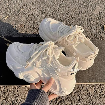 High Platform Sneakers Women Leather Dad Shoes Women Black Chunky Sneakers Thick Sole Shoes 2025 Fashion Height Increasing Shoes