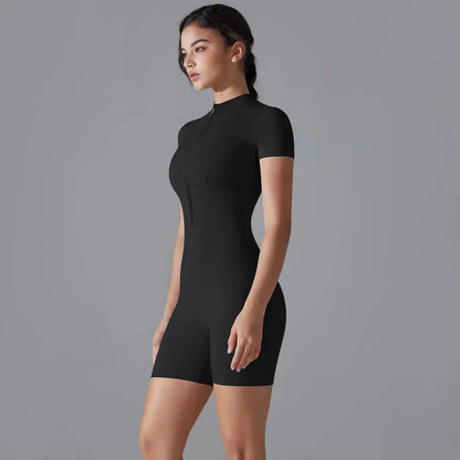 Yoga suit women's jumpsuit summer zipper short sleeved shorts yoga jumpsuit women's dance fitness tight fitting sports jumpsuit