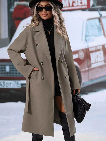 Women Turn Down Collar Thick Midi Length Wool Coat Pockets Casual Full Sleeve Double Breasted Blends Coats 2025 Autumn Winter