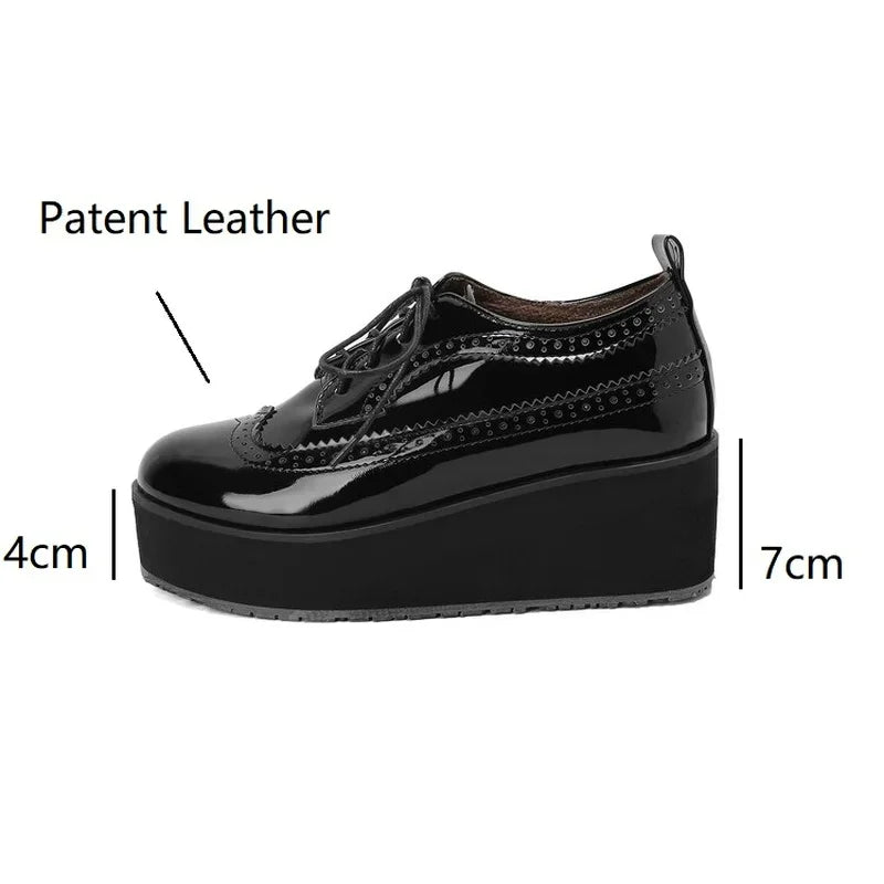 Ochanmeb Big Size 48 Women Patent Leather Brogues High Heels Derby Shoes Platforms Laser Cutout Oxfords Fashion Ladies Pumps Red