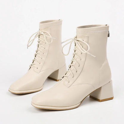 Winter High Heel Women's Ankle Boots  Fashion Lace Up Short Boots Women's Thick High Heel Side Zipper Botas De Mujer 2024