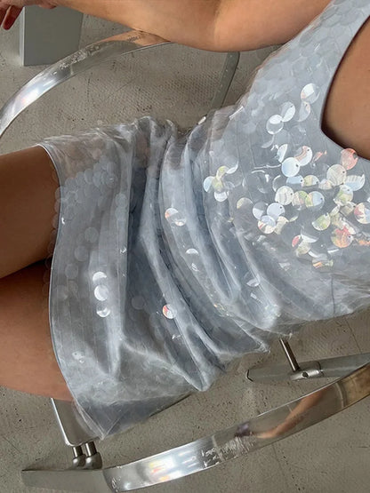 Casual Sequined Loose Sling Short Dress Women Sleeveless Backless Shinny Party Mini Dresses Female 2026 Summer Autumn Lady Robes