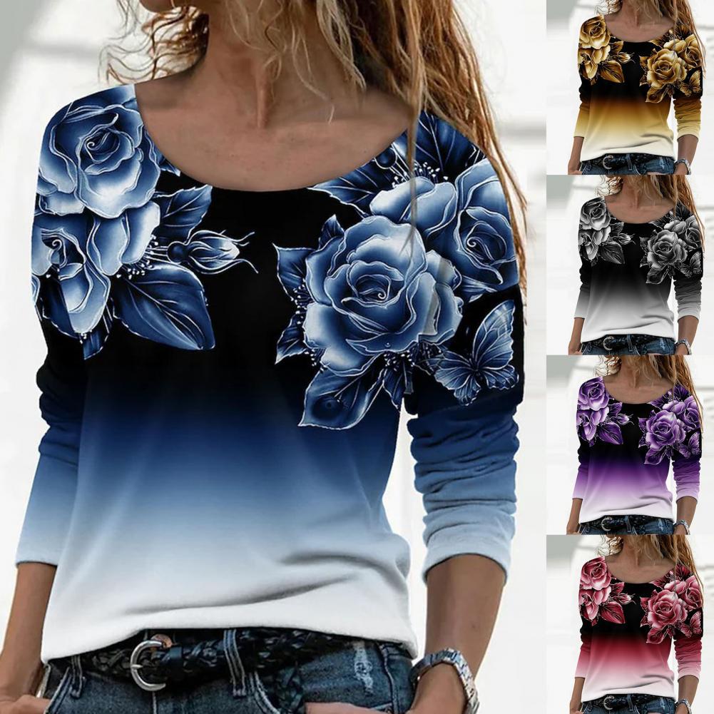 Women Shirt Floral Print Gradient Color All Match Daily Wear Spring Blouse roupas femininas Блузки blusas рубашка женская