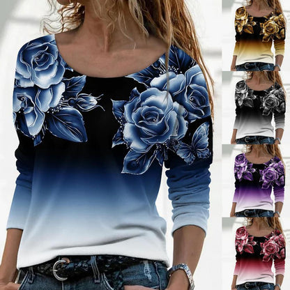 Women Shirt Floral Print Gradient Color All Match Daily Wear Spring Blouse roupas femininas Блузки blusas рубашка женская