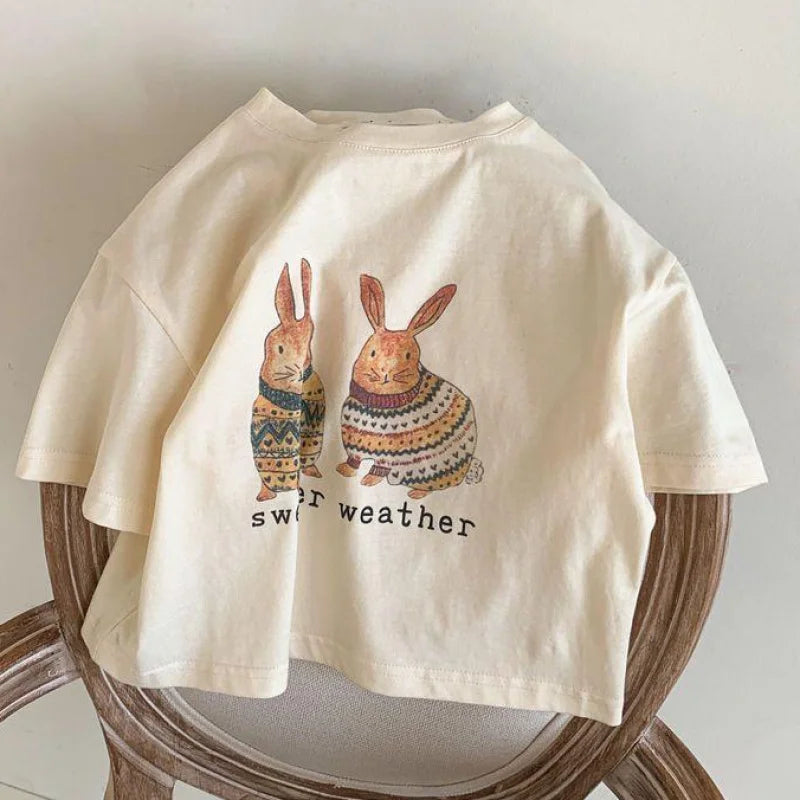 Summer Toddler Baby Girl Solid Cotton Clothes Short Sleeve Cartoon Rabbit Printed T-shirts Kids Leisure Ins Tops Tees
