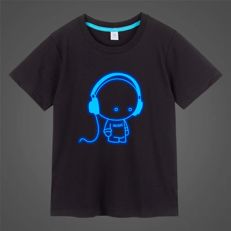 Boys Girls music Print Noctilucence Luminous T-shirts Summer men woman Kids Neon Party Club Night Light Punk Tops Tees