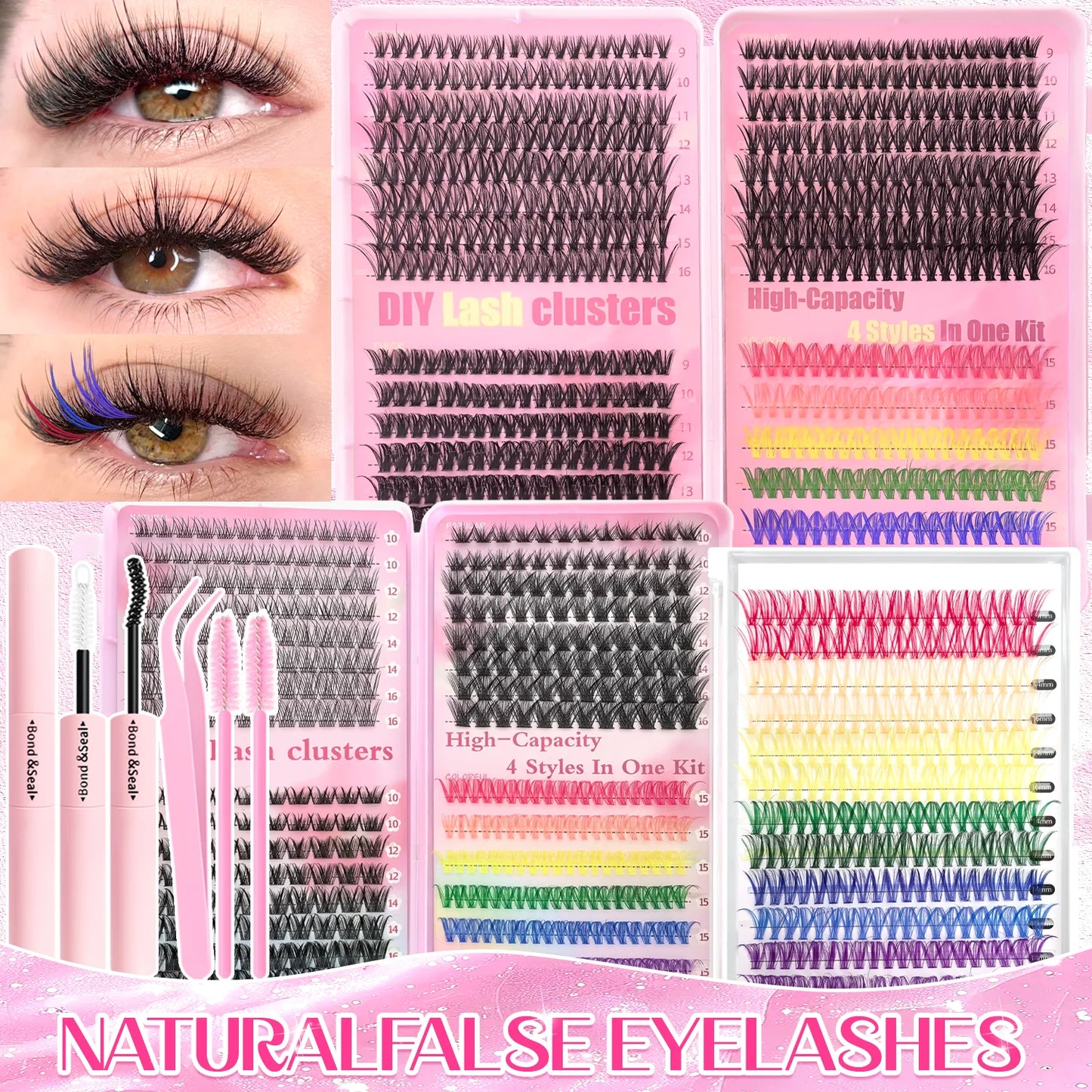 [Personal Eyelash] 240/390/600 Cluster Color Mixed Eyelash Extension Kit Makeup Beginner False Eyelash