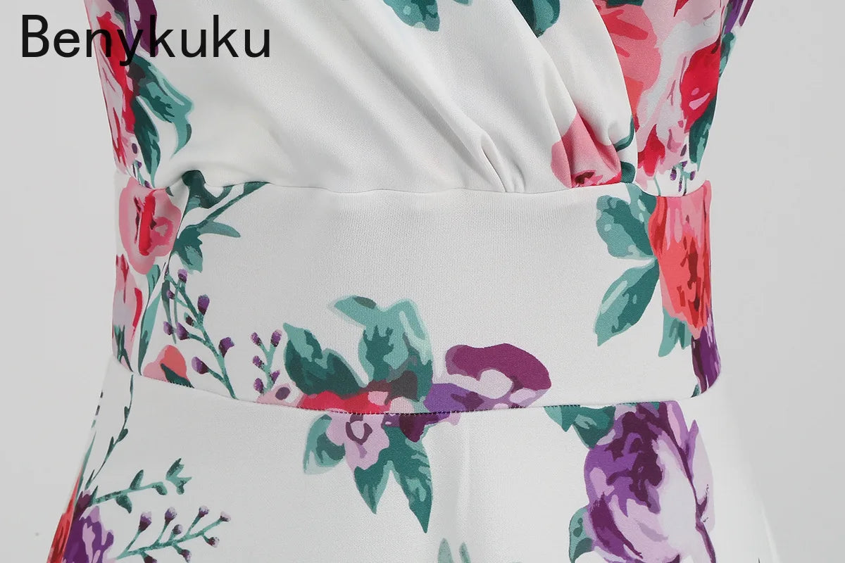 Floral Print 1950s 60s Vintage Women Dress Elegant Summer Robe Ladies Sleeveless V Neck A Line Swing Rockabilly Dresses 2025