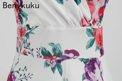 Floral Print 1950s 60s Vintage Women Dress Elegant Summer Robe Ladies Sleeveless V Neck A Line Swing Rockabilly Dresses 2025