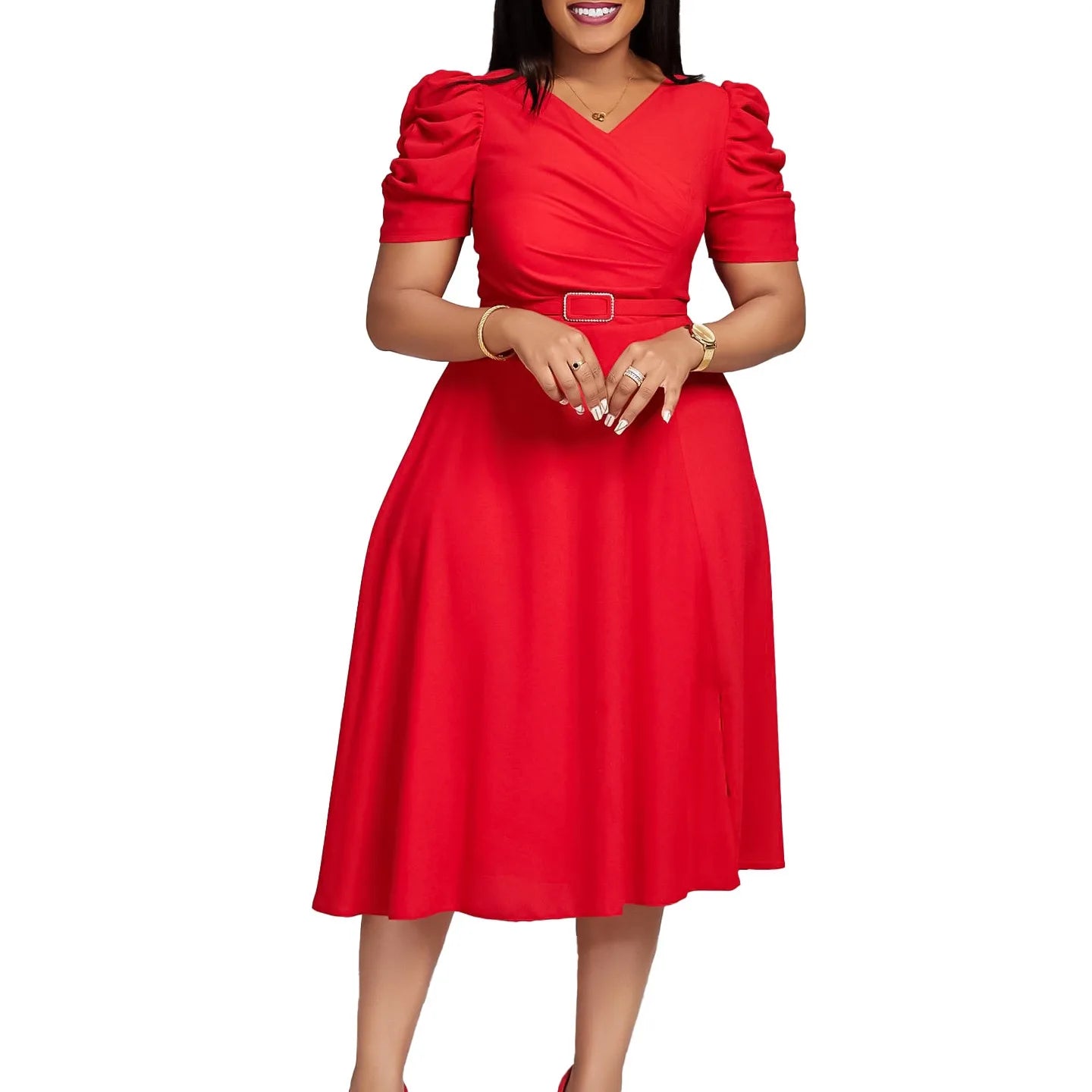 Elegant Party Dresses for Women V Neck Short Sleeve Belt Waisted Pleated Mid Calf Luxury Birthday Dinner Vestidos Mujer Dress OL