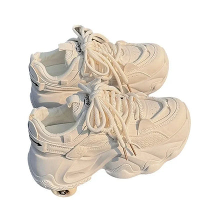 High Platform Sneakers Women Leather Dad Shoes Women Black Chunky Sneakers Thick Sole Shoes 2025 Fashion Height Increasing Shoes