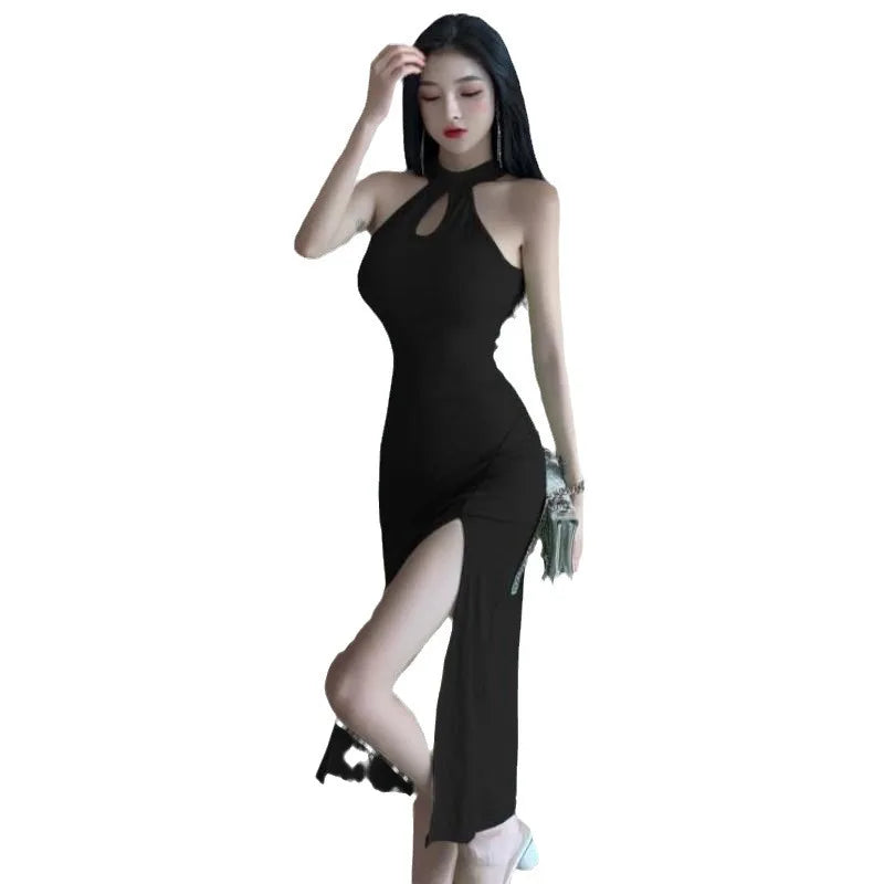 Vintage French Dress for Women Sleeveless Halter High Waist Slit Long Dresses Summer New Chic Temperament Vestidos